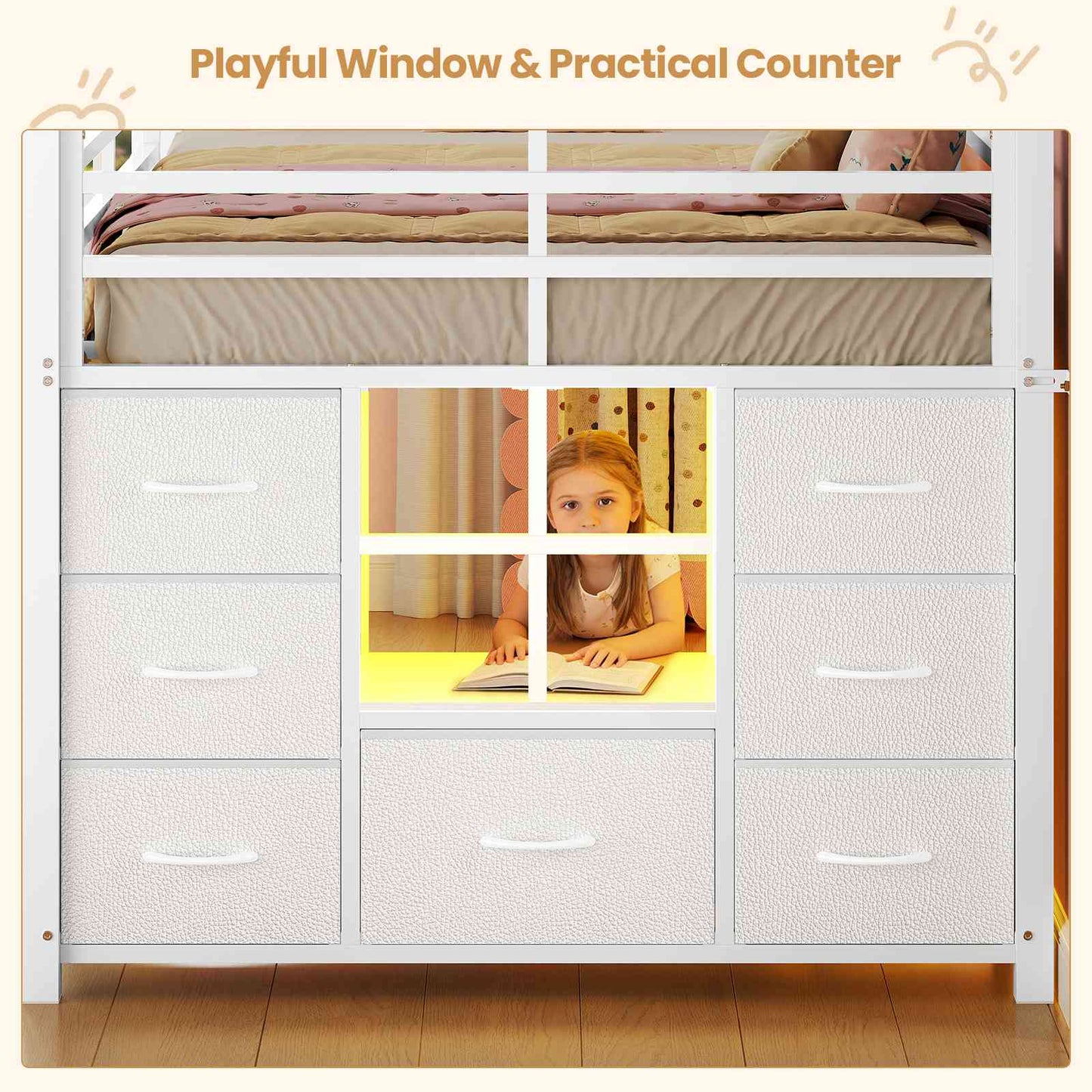 ADORNEVE | Low Loft Bed Twin Size with Stairs and 7 Large Drawers LED Loft Bed with 3 Open Cubbies and Handy Clothes Rail Metal Loft Bed with Safety Guardrail and Under-Bed Play Area