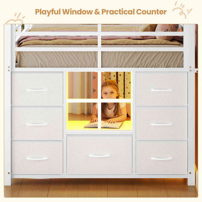 ADORNEVE | Low Loft Bed Twin Size with Stairs and 7 Large Drawers LED Loft Bed with 3 Open Cubbies and Handy Clothes Rail Metal Loft Bed with Safety Guardrail and Under-Bed Play Area