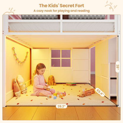 ADORNEVE | Low Loft Bed Twin Size with Stairs and 7 Large Drawers LED Loft Bed with 3 Open Cubbies and Handy Clothes Rail Metal Loft Bed with Safety Guardrail and Under-Bed Play Area