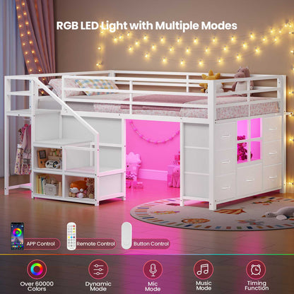 ADORNEVE | Low Loft Bed Twin Size with Stairs and 7 Large Drawers LED Loft Bed with 3 Open Cubbies and Handy Clothes Rail Metal Loft Bed with Safety Guardrail and Under-Bed Play Area