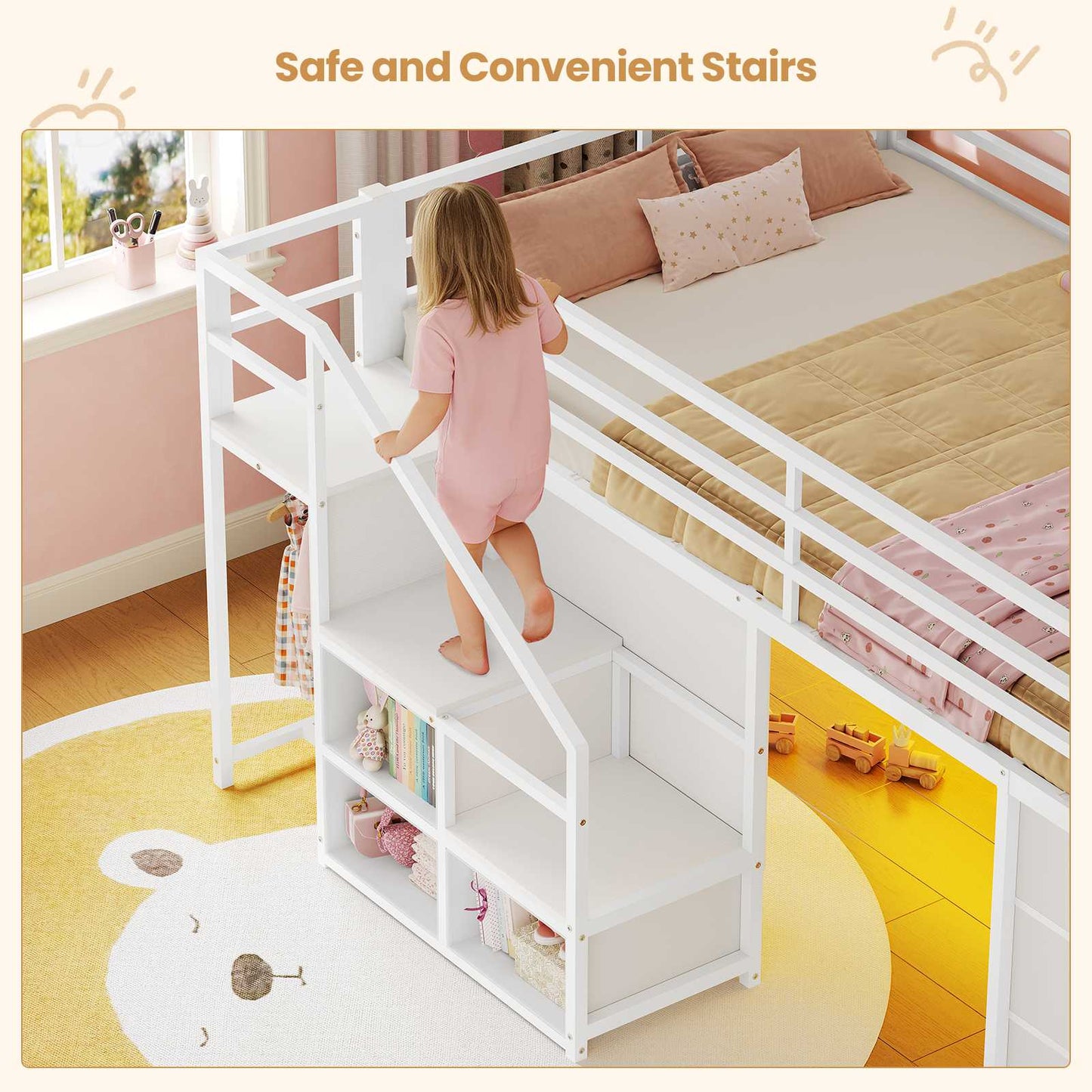 ADORNEVE | Low Loft Bed Twin Size with Stairs and 7 Large Drawers LED Loft Bed with 3 Open Cubbies and Handy Clothes Rail Metal Loft Bed with Safety Guardrail and Under-Bed Play Area