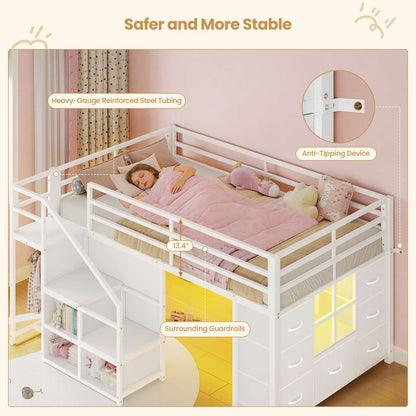 ADORNEVE | Low Loft Bed Twin Size with Stairs and 7 Large Drawers LED Loft Bed with 3 Open Cubbies and Handy Clothes Rail Metal Loft Bed with Safety Guardrail and Under-Bed Play Area