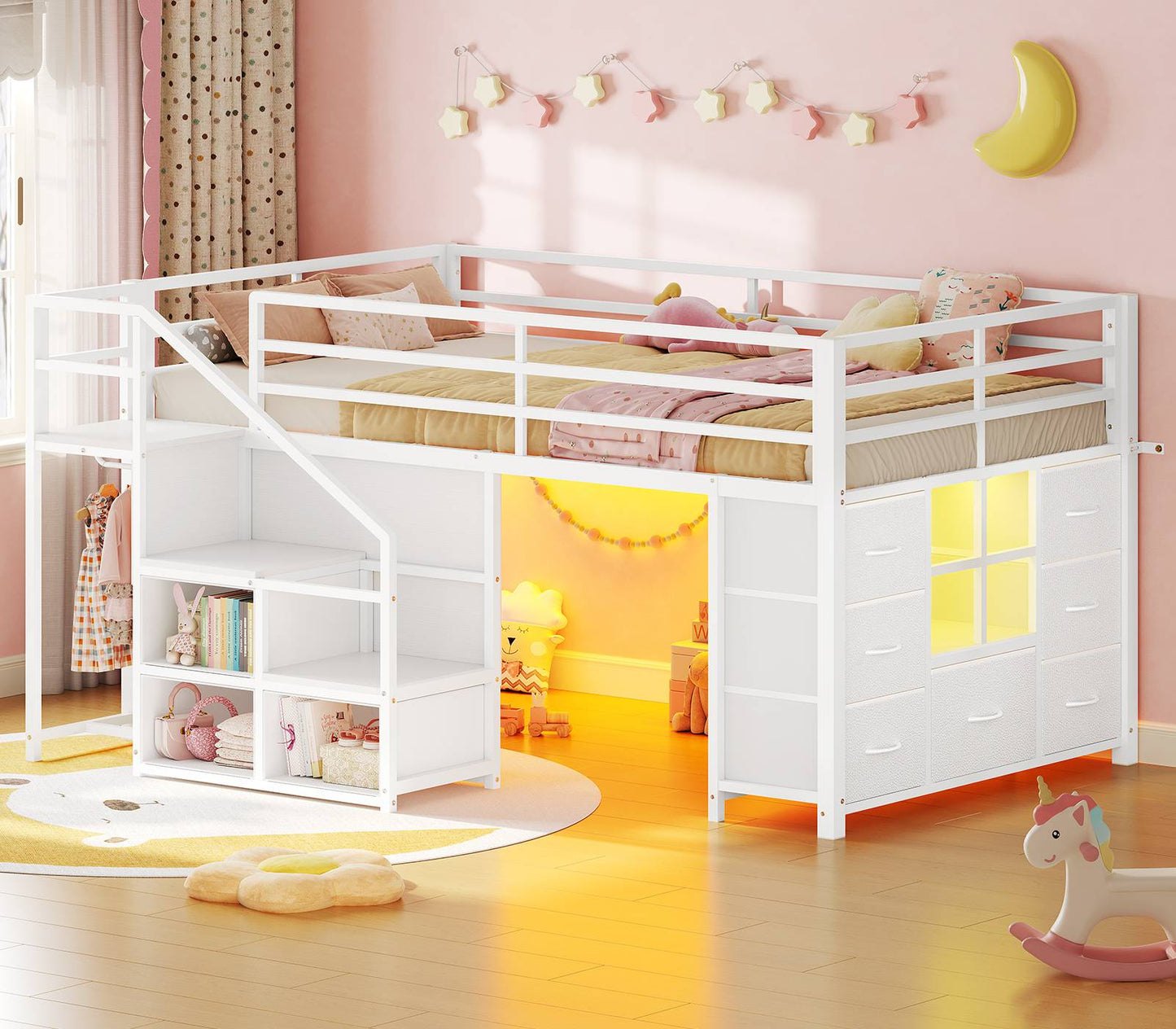 ADORNEVE | Low Loft Bed Twin Size with Stairs and 7 Large Drawers LED Loft Bed with 3 Open Cubbies and Handy Clothes Rail Metal Loft Bed with Safety Guardrail and Under-Bed Play Area
