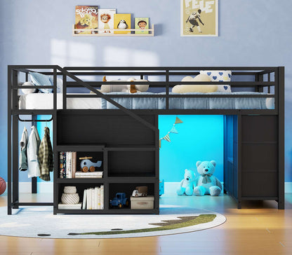 ADORNEVE | Low Loft Bed Twin Size with Stairs and 7 Large Drawers LED Loft Bed with 3 Open Cubbies and Handy Clothes Rail Metal Loft Bed with Safety Guardrail and Under-Bed Play Area