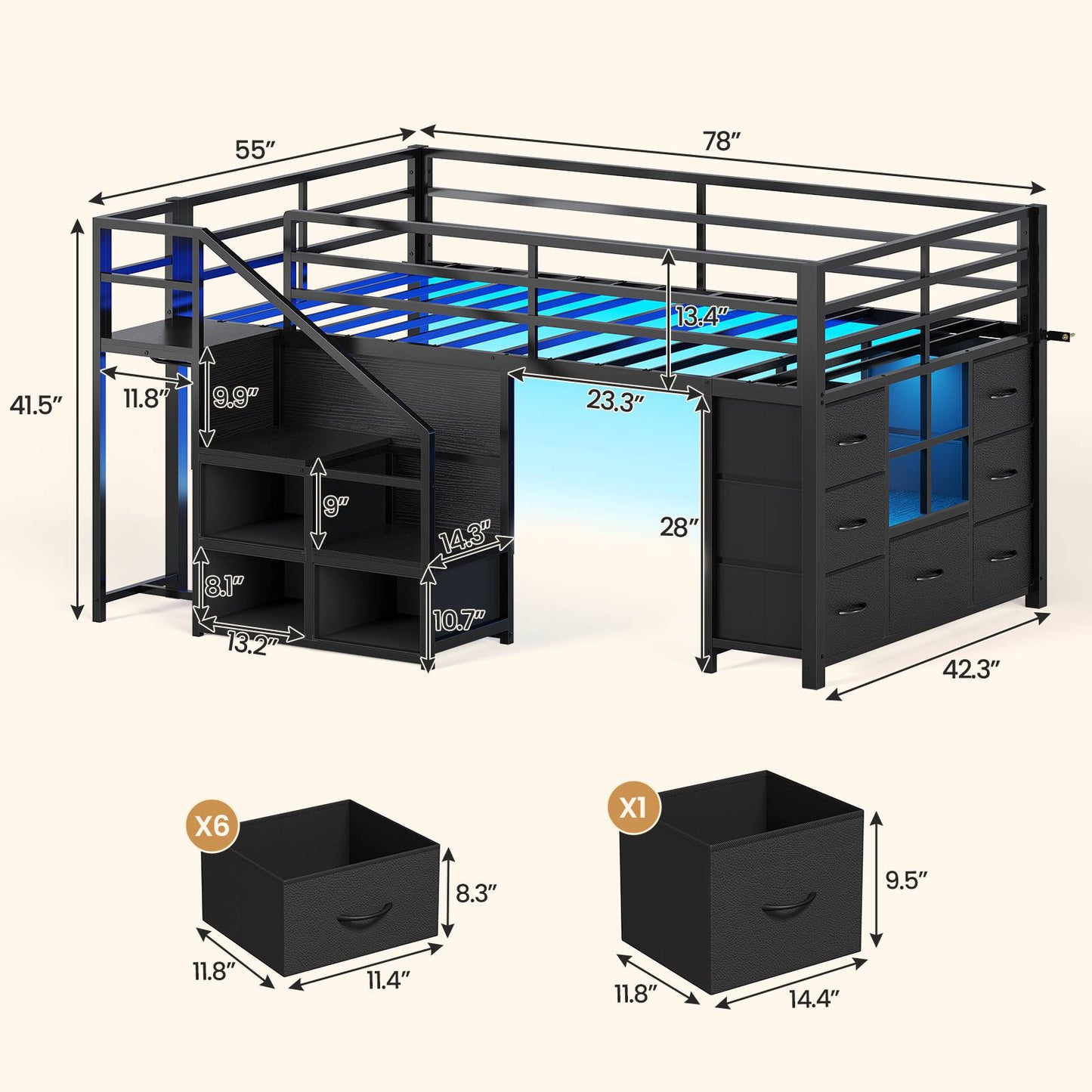 ADORNEVE | Low Loft Bed Twin Size with Stairs and 7 Large Drawers LED Loft Bed with 3 Open Cubbies and Handy Clothes Rail Metal Loft Bed with Safety Guardrail and Under-Bed Play Area