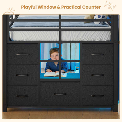 ADORNEVE | Low Loft Bed Twin Size with Stairs and 7 Large Drawers LED Loft Bed with 3 Open Cubbies and Handy Clothes Rail Metal Loft Bed with Safety Guardrail and Under-Bed Play Area