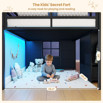 ADORNEVE | Low Loft Bed Twin Size with Stairs and 7 Large Drawers LED Loft Bed with 3 Open Cubbies and Handy Clothes Rail Metal Loft Bed with Safety Guardrail and Under-Bed Play Area