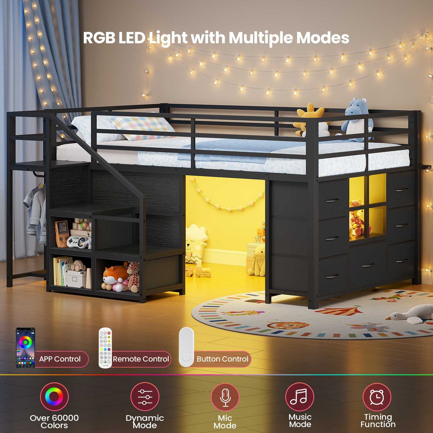 ADORNEVE | Low Loft Bed Twin Size with Stairs and 7 Large Drawers LED Loft Bed with 3 Open Cubbies and Handy Clothes Rail Metal Loft Bed with Safety Guardrail and Under-Bed Play Area