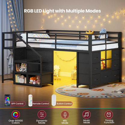 ADORNEVE | Low Loft Bed Twin Size with Stairs and 7 Large Drawers LED Loft Bed with 3 Open Cubbies and Handy Clothes Rail Metal Loft Bed with Safety Guardrail and Under-Bed Play Area