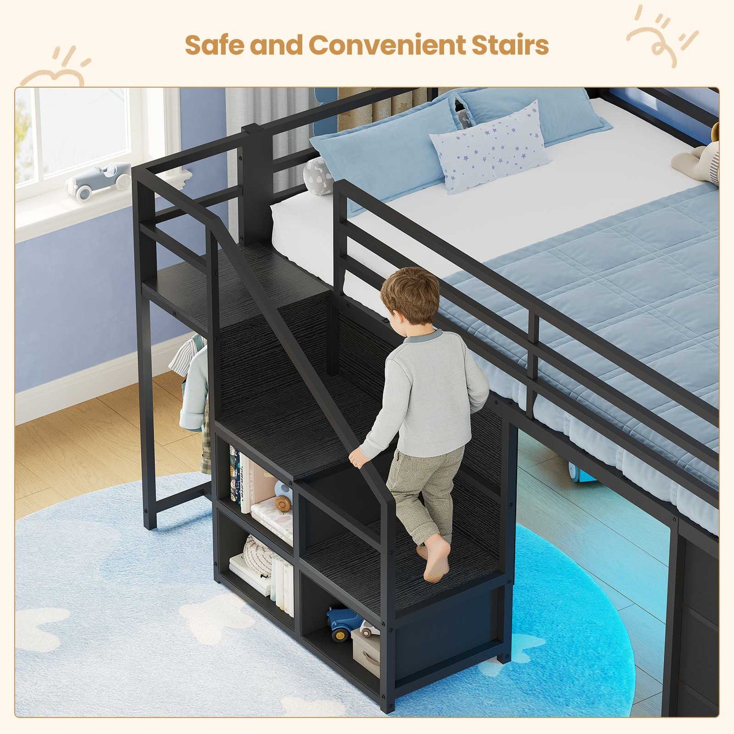 ADORNEVE | Low Loft Bed Twin Size with Stairs and 7 Large Drawers LED Loft Bed with 3 Open Cubbies and Handy Clothes Rail Metal Loft Bed with Safety Guardrail and Under-Bed Play Area