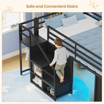 ADORNEVE | Low Loft Bed Twin Size with Stairs and 7 Large Drawers LED Loft Bed with 3 Open Cubbies and Handy Clothes Rail Metal Loft Bed with Safety Guardrail and Under-Bed Play Area