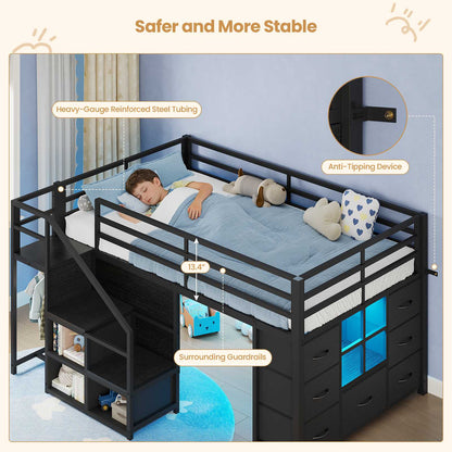 ADORNEVE | Low Loft Bed Twin Size with Stairs and 7 Large Drawers LED Loft Bed with 3 Open Cubbies and Handy Clothes Rail Metal Loft Bed with Safety Guardrail and Under-Bed Play Area
