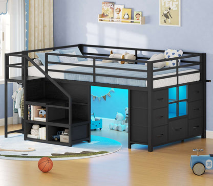 ADORNEVE | Low Loft Bed Twin Size with Stairs and 7 Large Drawers LED Loft Bed with 3 Open Cubbies and Handy Clothes Rail Metal Loft Bed with Safety Guardrail and Under-Bed Play Area