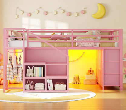 ADORNEVE | Low Loft Bed Twin Size with Stairs and 7 Large Drawers LED Loft Bed with 3 Open Cubbies and Handy Clothes Rail Metal Loft Bed with Safety Guardrail and Under-Bed Play Area