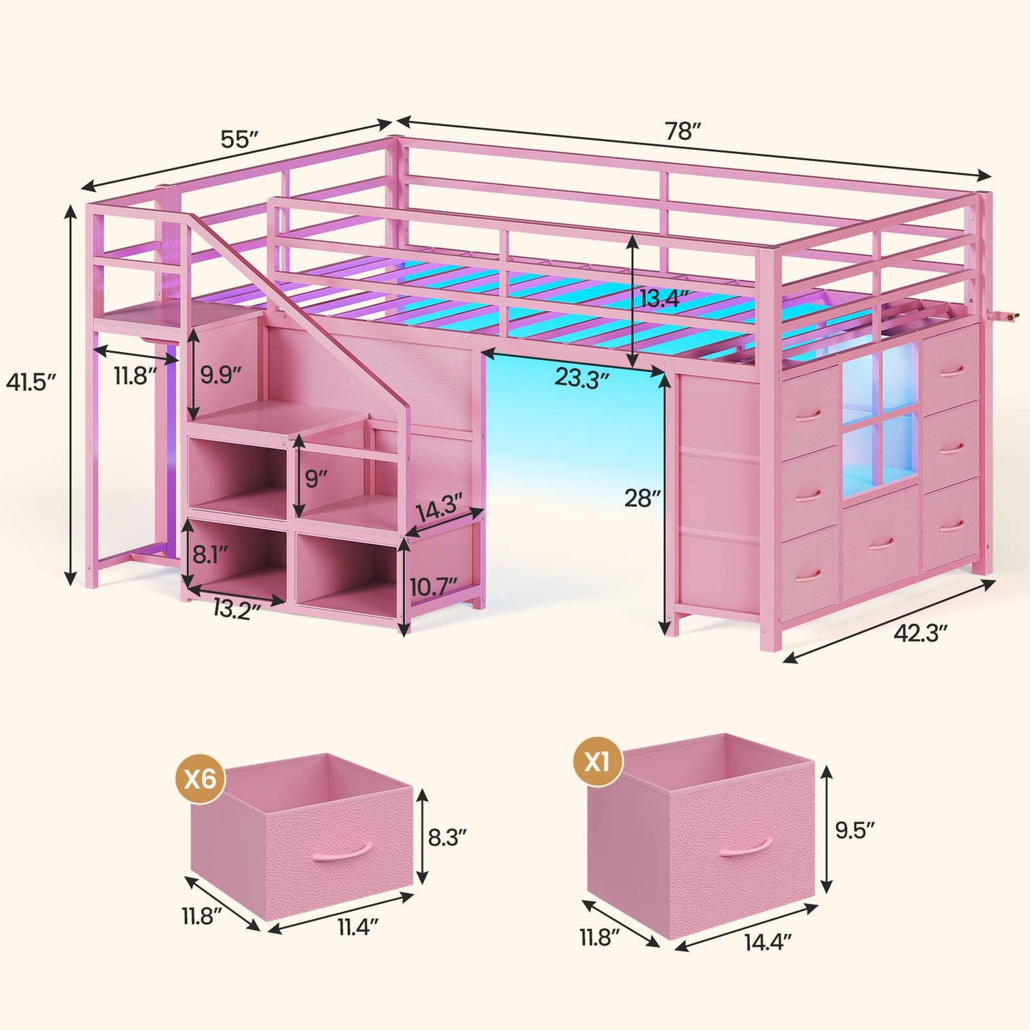 ADORNEVE | Low Loft Bed Twin Size with Stairs and 7 Large Drawers LED Loft Bed with 3 Open Cubbies and Handy Clothes Rail Metal Loft Bed with Safety Guardrail and Under-Bed Play Area