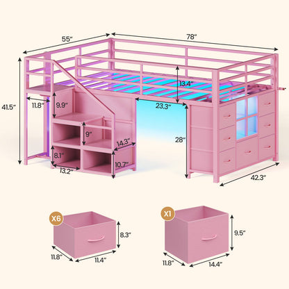 ADORNEVE | Low Loft Bed Twin Size with Stairs and 7 Large Drawers LED Loft Bed with 3 Open Cubbies and Handy Clothes Rail Metal Loft Bed with Safety Guardrail and Under-Bed Play Area