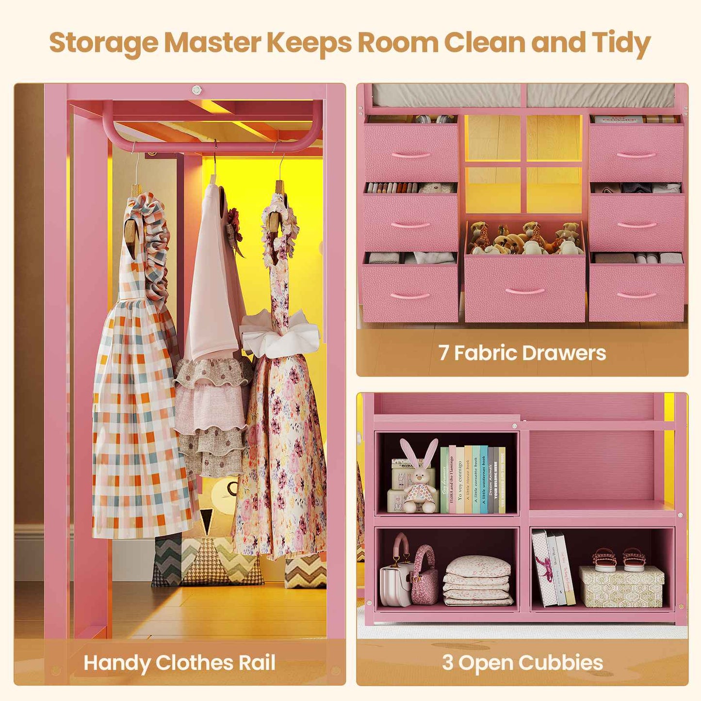 ADORNEVE | Low Loft Bed Twin Size with Stairs and 7 Large Drawers LED Loft Bed with 3 Open Cubbies and Handy Clothes Rail Metal Loft Bed with Safety Guardrail and Under-Bed Play Area