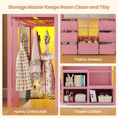 ADORNEVE | Low Loft Bed Twin Size with Stairs and 7 Large Drawers LED Loft Bed with 3 Open Cubbies and Handy Clothes Rail Metal Loft Bed with Safety Guardrail and Under-Bed Play Area