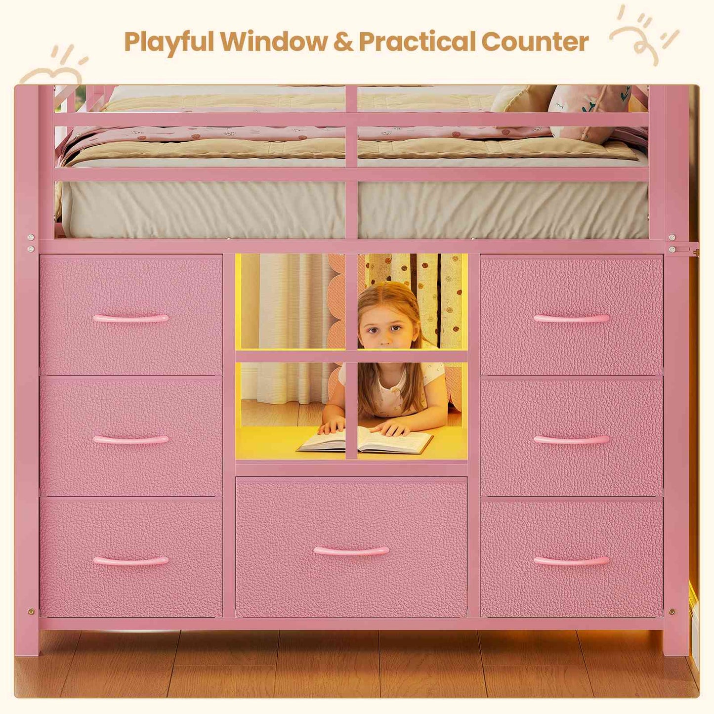 ADORNEVE | Low Loft Bed Twin Size with Stairs and 7 Large Drawers LED Loft Bed with 3 Open Cubbies and Handy Clothes Rail Metal Loft Bed with Safety Guardrail and Under-Bed Play Area