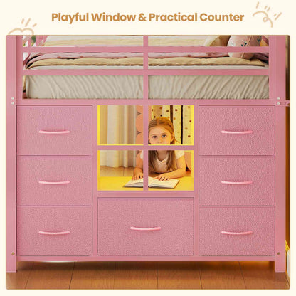 ADORNEVE | Low Loft Bed Twin Size with Stairs and 7 Large Drawers LED Loft Bed with 3 Open Cubbies and Handy Clothes Rail Metal Loft Bed with Safety Guardrail and Under-Bed Play Area