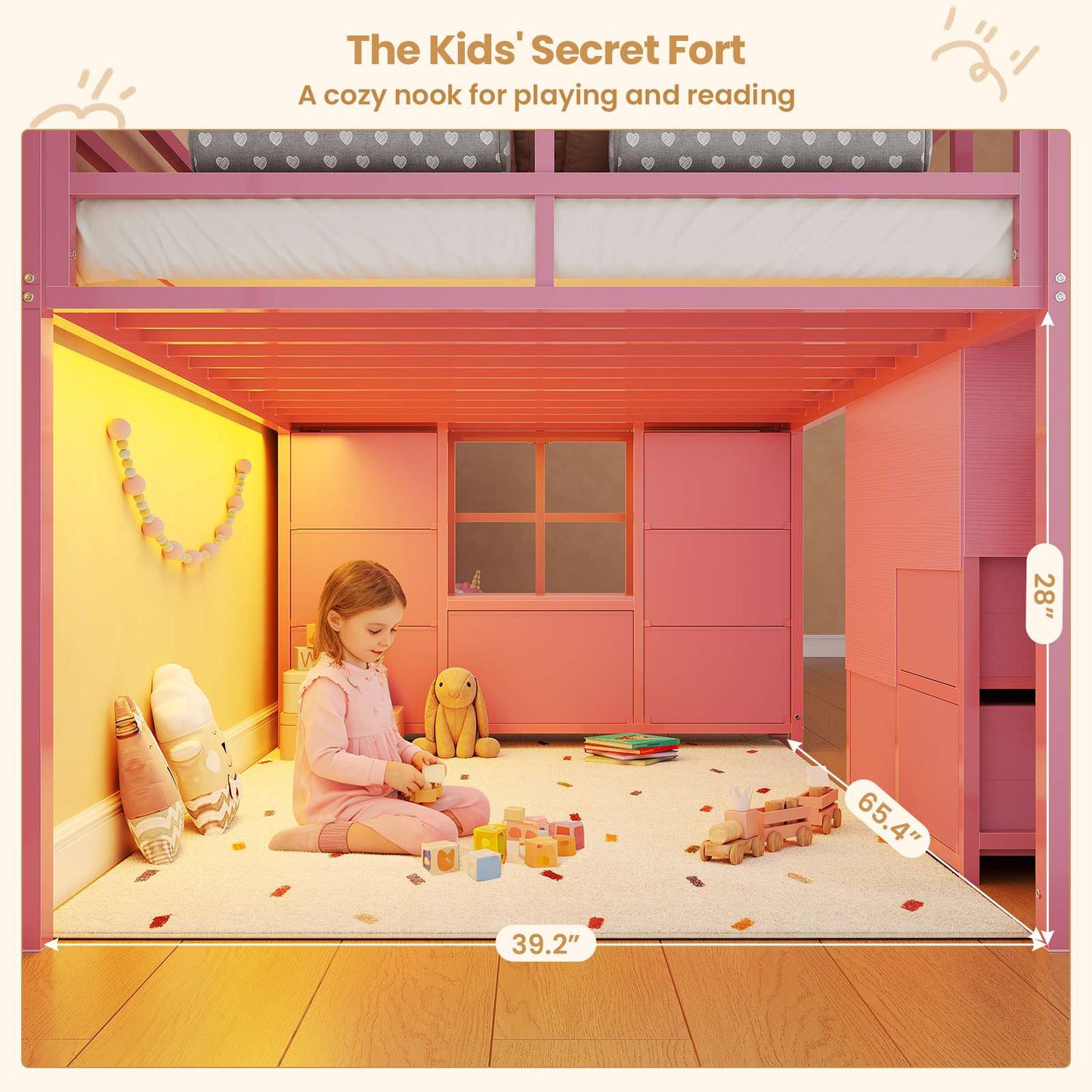 ADORNEVE | Low Loft Bed Twin Size with Stairs and 7 Large Drawers LED Loft Bed with 3 Open Cubbies and Handy Clothes Rail Metal Loft Bed with Safety Guardrail and Under-Bed Play Area