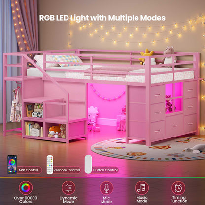 ADORNEVE | Low Loft Bed Twin Size with Stairs and 7 Large Drawers LED Loft Bed with 3 Open Cubbies and Handy Clothes Rail Metal Loft Bed with Safety Guardrail and Under-Bed Play Area