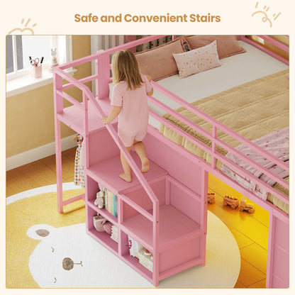 ADORNEVE | Low Loft Bed Twin Size with Stairs and 7 Large Drawers LED Loft Bed with 3 Open Cubbies and Handy Clothes Rail Metal Loft Bed with Safety Guardrail and Under-Bed Play Area