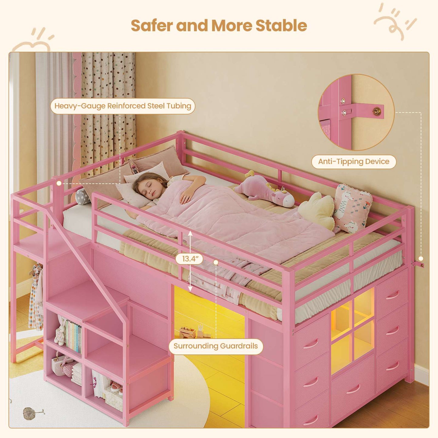 ADORNEVE | Low Loft Bed Twin Size with Stairs and 7 Large Drawers LED Loft Bed with 3 Open Cubbies and Handy Clothes Rail Metal Loft Bed with Safety Guardrail and Under-Bed Play Area