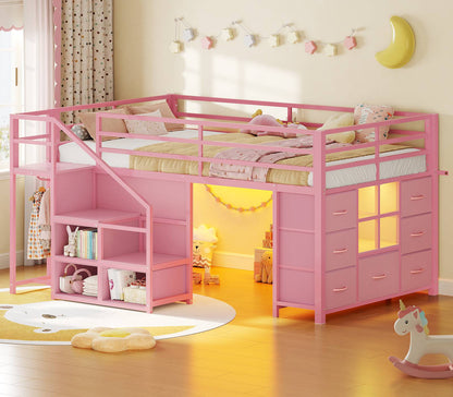 ADORNEVE | Low Loft Bed Twin Size with Stairs and 7 Large Drawers LED Loft Bed with 3 Open Cubbies and Handy Clothes Rail Metal Loft Bed with Safety Guardrail and Under-Bed Play Area