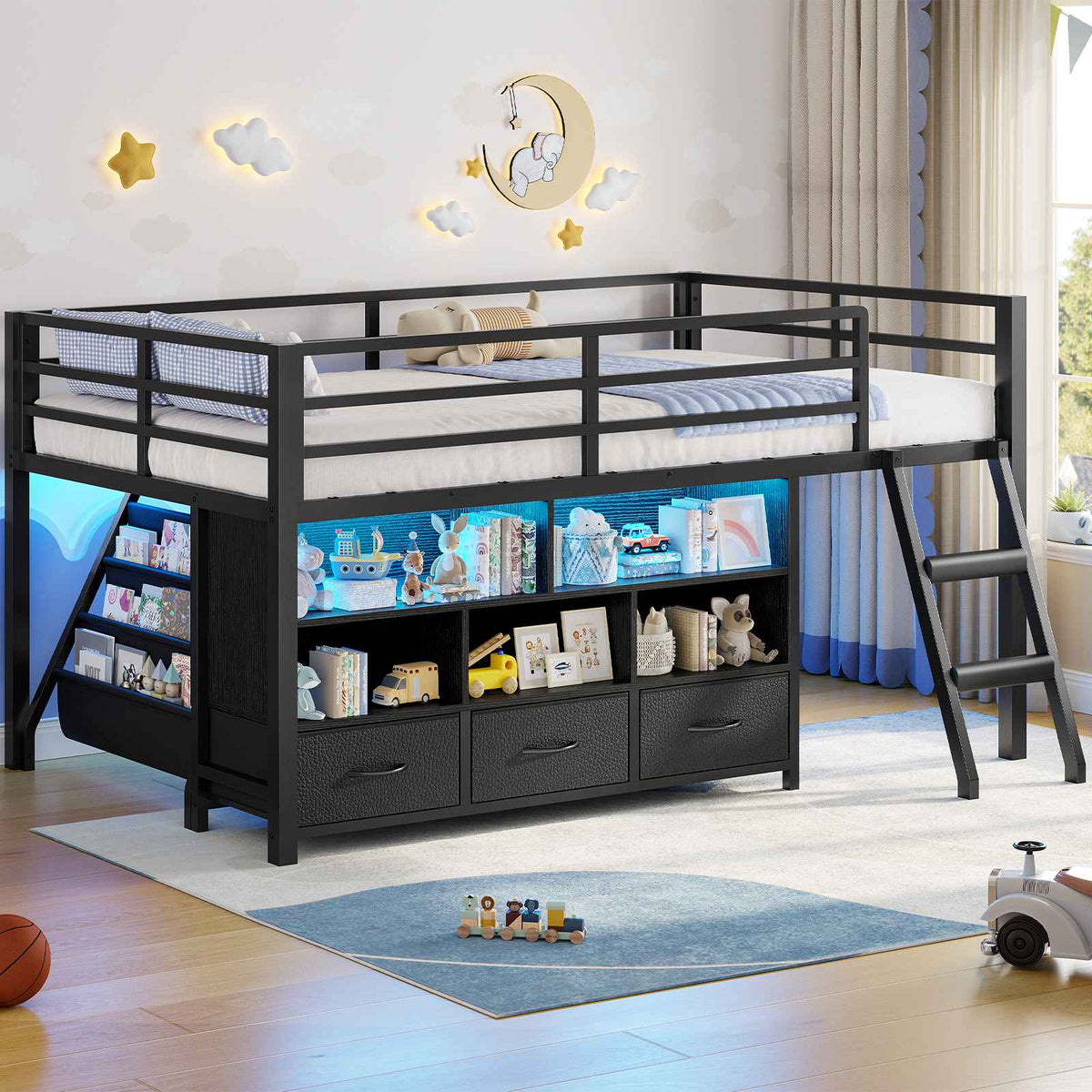 ADORNEVE | Low LED Loft Bed Twin Size with 5 Open Cubbies and 3-Tier Bookshel Loft Bed with 3 Fabric Drawers and Full-Length Guardrail