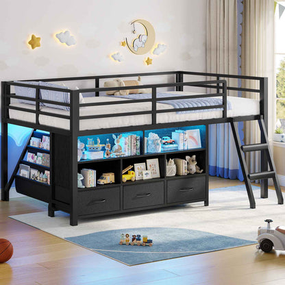 ADORNEVE | Low LED Loft Bed Twin Size with 5 Open Cubbies and 3-Tier Bookshel Loft Bed with 3 Fabric Drawers and Full-Length Guardrail