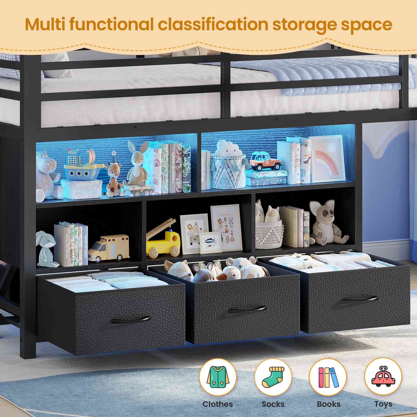 ADORNEVE | Low LED Loft Bed Twin Size with 5 Open Cubbies and 3-Tier Bookshel Loft Bed with 3 Fabric Drawers and Full-Length Guardrail