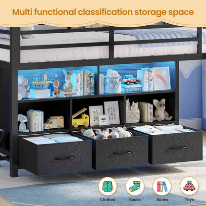 ADORNEVE | Low LED Loft Bed Twin Size with 5 Open Cubbies and 3-Tier Bookshel Loft Bed with 3 Fabric Drawers and Full-Length Guardrail