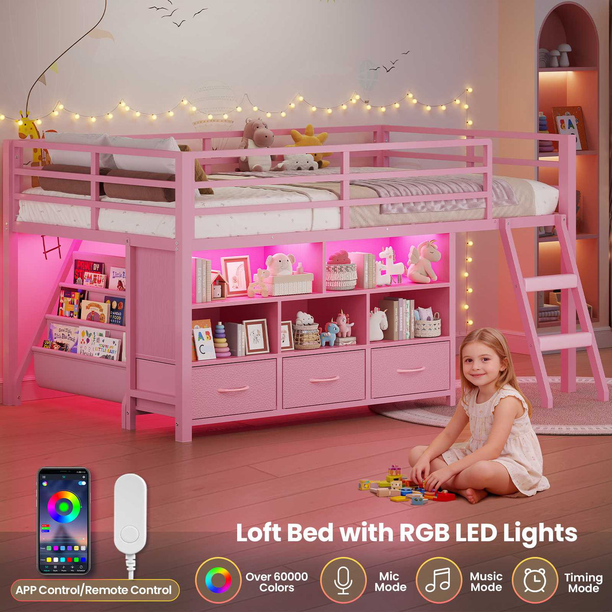 ADORNEVE | Low LED Loft Bed Twin Size with 5 Open Cubbies and 3-Tier Bookshel Loft Bed with 3 Fabric Drawers and Full-Length Guardrail