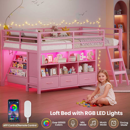 ADORNEVE | Low LED Loft Bed Twin Size with 5 Open Cubbies and 3-Tier Bookshel Loft Bed with 3 Fabric Drawers and Full-Length Guardrail