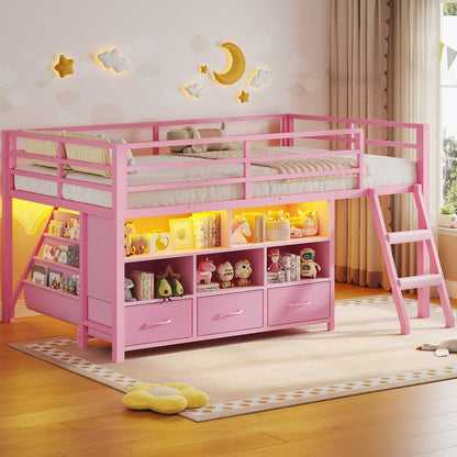 ADORNEVE | Low LED Loft Bed Twin Size with 5 Open Cubbies and 3-Tier Bookshel Loft Bed with 3 Fabric Drawers and Full-Length Guardrail