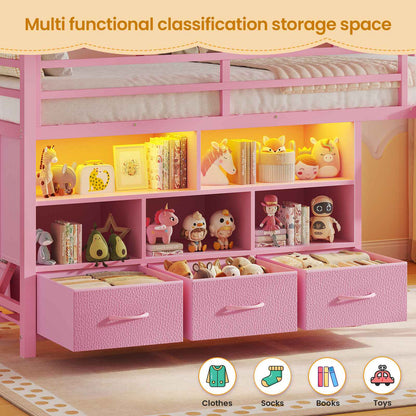 ADORNEVE | Low LED Loft Bed Twin Size with 5 Open Cubbies and 3-Tier Bookshel Loft Bed with 3 Fabric Drawers and Full-Length Guardrail