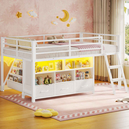 ADORNEVE | Low LED Loft Bed Twin Size with 5 Open Cubbies and 3-Tier Bookshel Loft Bed with 3 Fabric Drawers and Full-Length Guardrail