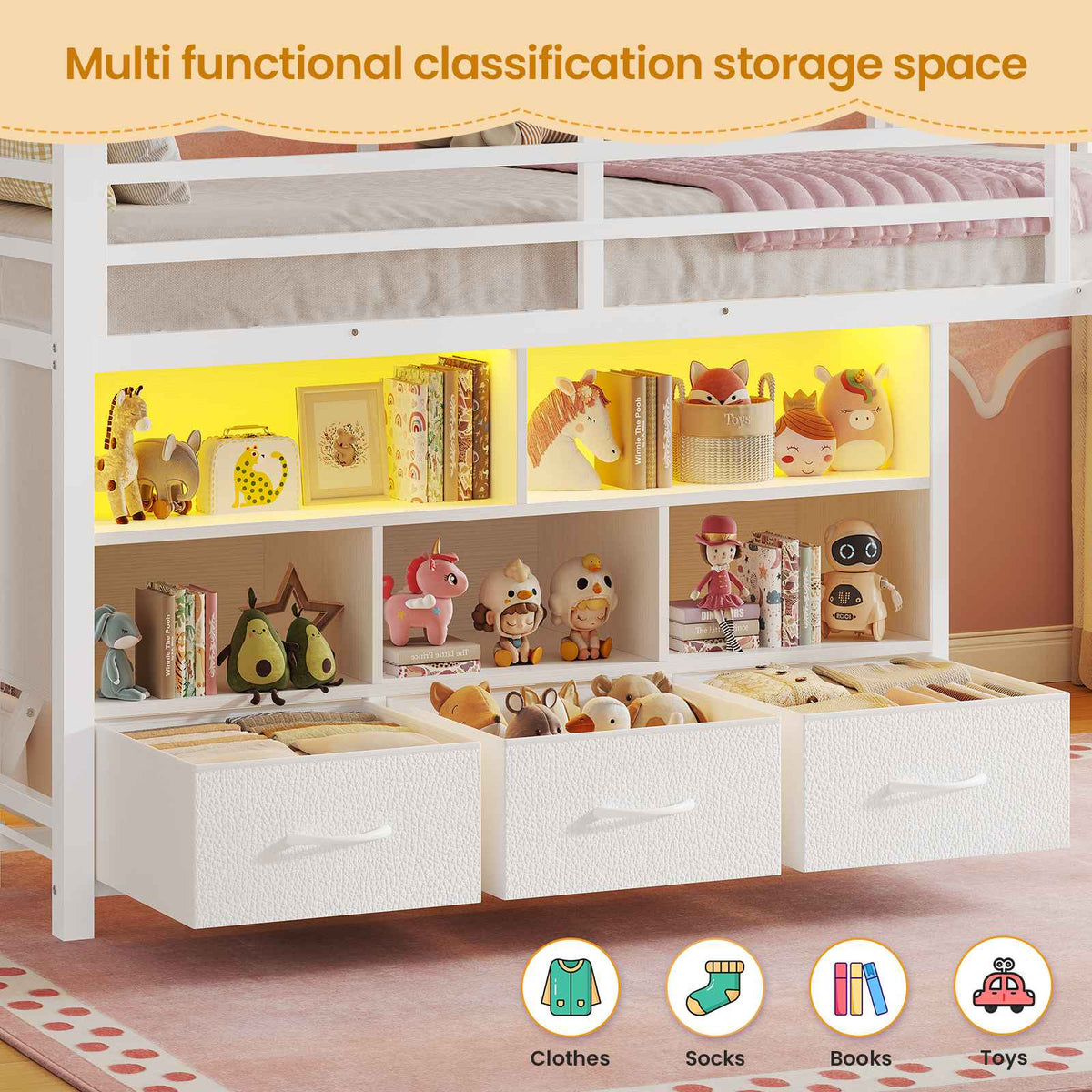 ADORNEVE | Low LED Loft Bed Twin Size with 5 Open Cubbies and 3-Tier Bookshel Loft Bed with 3 Fabric Drawers and Full-Length Guardrail