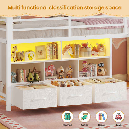 ADORNEVE | Low LED Loft Bed Twin Size with 5 Open Cubbies and 3-Tier Bookshel Loft Bed with 3 Fabric Drawers and Full-Length Guardrail
