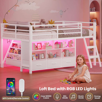 ADORNEVE | Low LED Loft Bed Twin Size with 5 Open Cubbies and 3-Tier Bookshel Loft Bed with 3 Fabric Drawers and Full-Length Guardrail