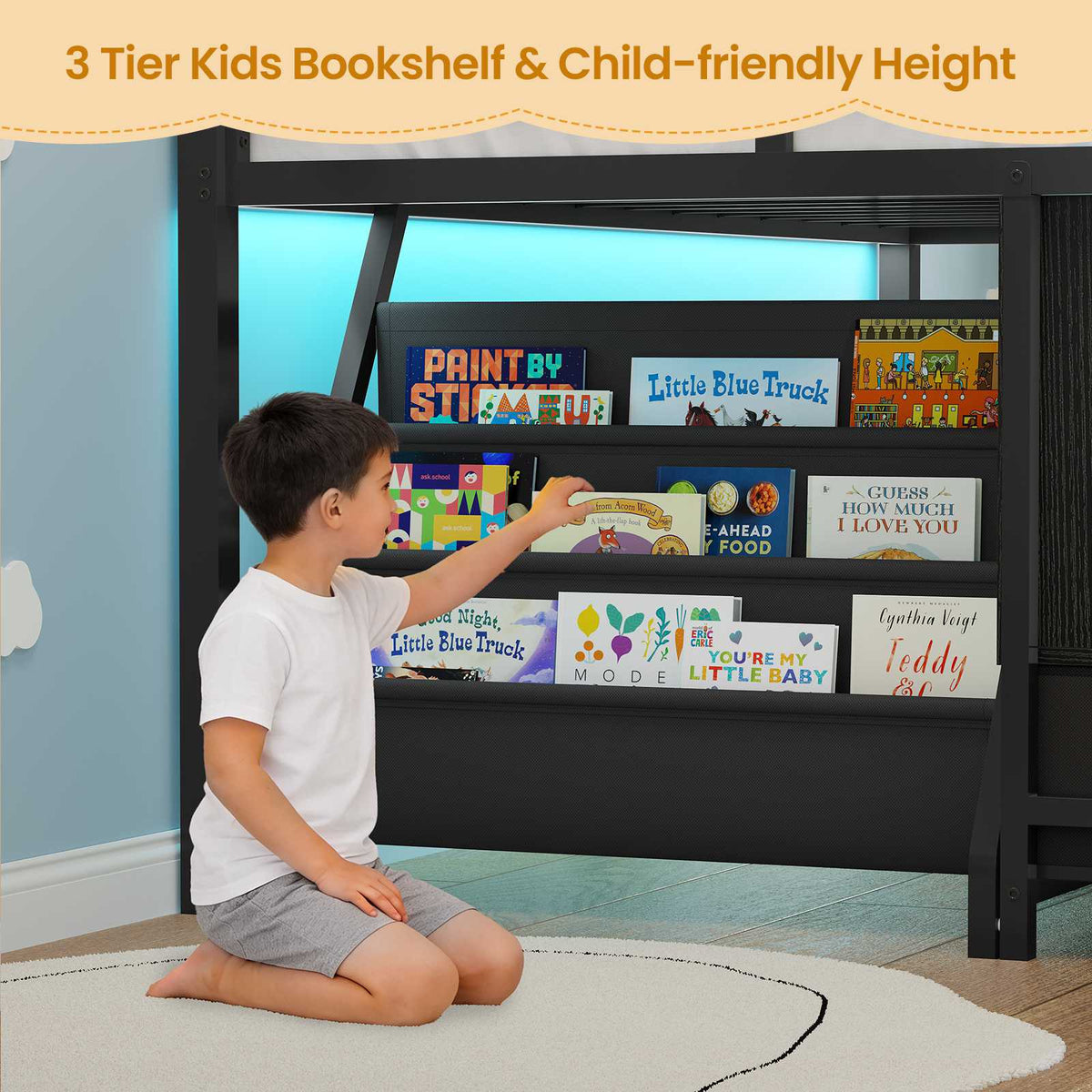 ADORNEVE | Low LED Loft Bed Twin Size with 5 Open Cubbies and 3-Tier Bookshel Loft Bed with 3 Fabric Drawers and Full-Length Guardrail