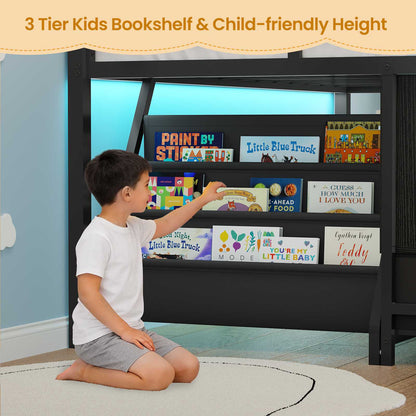 ADORNEVE | Low LED Loft Bed Twin Size with 5 Open Cubbies and 3-Tier Bookshel Loft Bed with 3 Fabric Drawers and Full-Length Guardrail