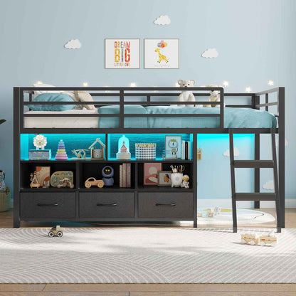 ADORNEVE | Low LED Loft Bed Twin Size with 5 Open Cubbies and 3-Tier Bookshel Loft Bed with 3 Fabric Drawers and Full-Length Guardrail