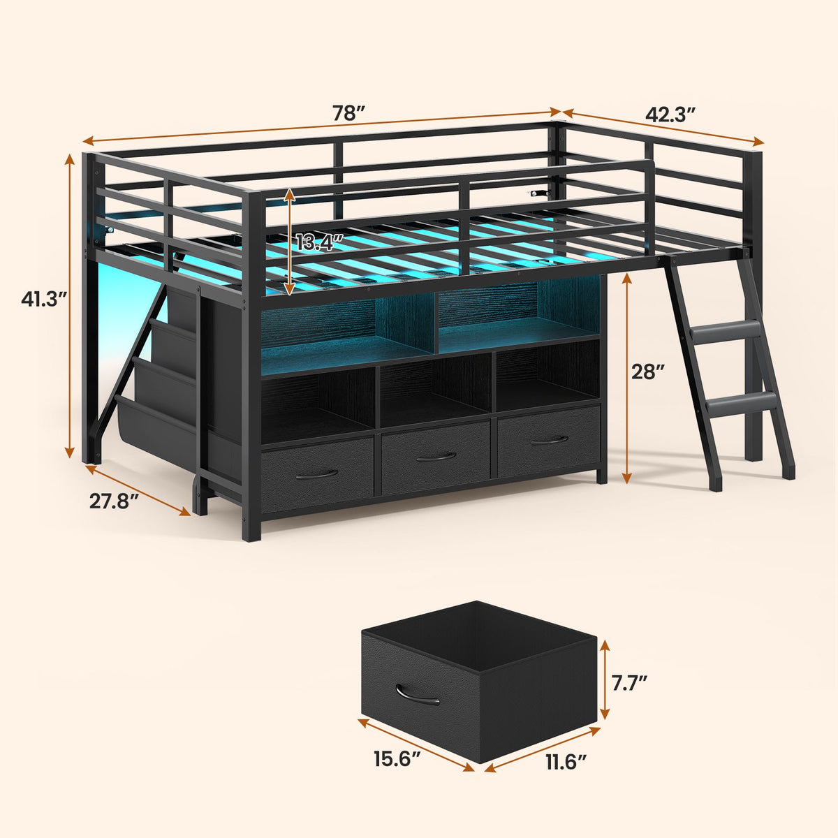 ADORNEVE | Low LED Loft Bed Twin Size with 5 Open Cubbies and 3-Tier Bookshel Loft Bed with 3 Fabric Drawers and Full-Length Guardrail