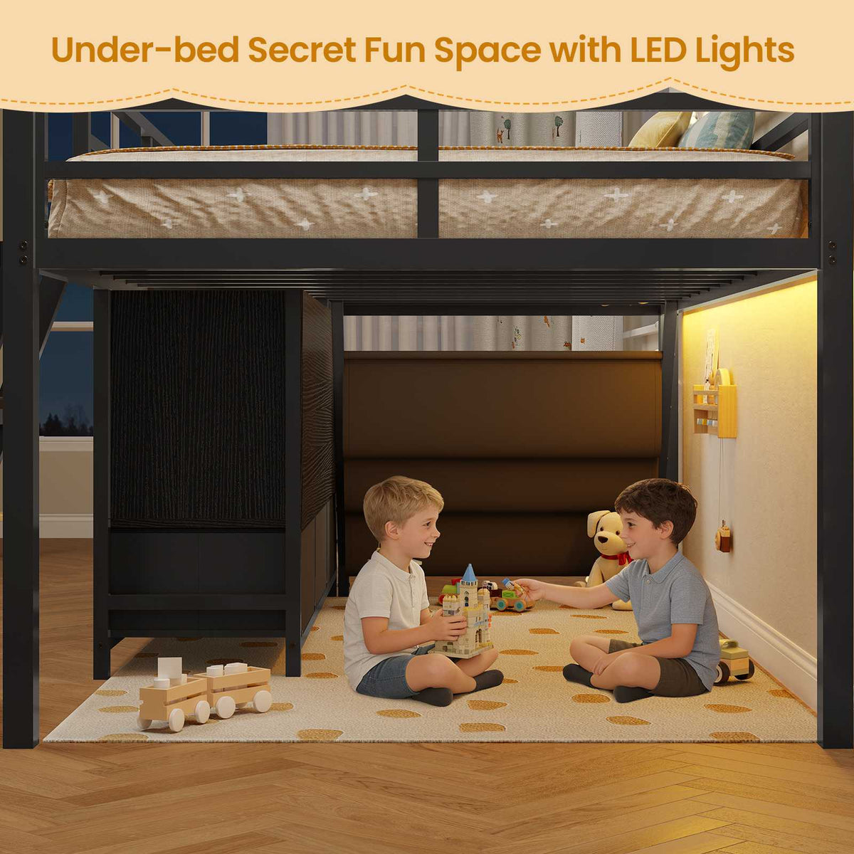 ADORNEVE | Low LED Loft Bed Twin Size with 5 Open Cubbies and 3-Tier Bookshel Loft Bed with 3 Fabric Drawers and Full-Length Guardrail
