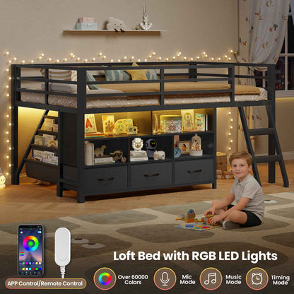 ADORNEVE | Low LED Loft Bed Twin Size with 5 Open Cubbies and 3-Tier Bookshel Loft Bed with 3 Fabric Drawers and Full-Length Guardrail