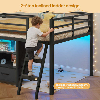 ADORNEVE | Low LED Loft Bed Twin Size with 5 Open Cubbies and 3-Tier Bookshel Loft Bed with 3 Fabric Drawers and Full-Length Guardrail