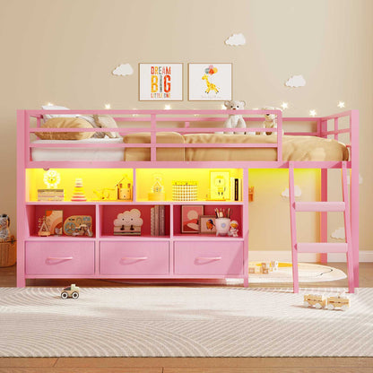 ADORNEVE | Low LED Loft Bed Twin Size with 5 Open Cubbies and 3-Tier Bookshel Loft Bed with 3 Fabric Drawers and Full-Length Guardrail