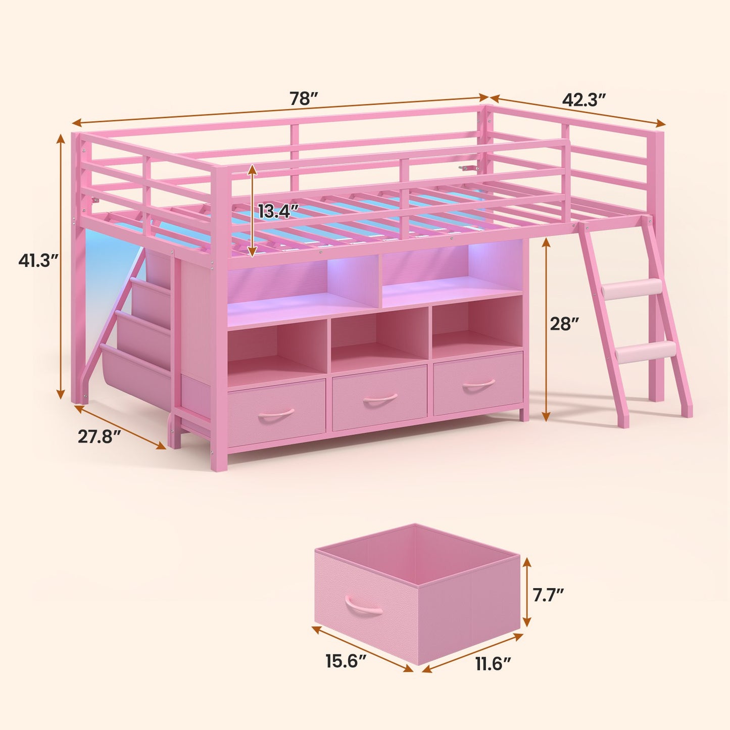 ADORNEVE | Low LED Loft Bed Twin Size with 5 Open Cubbies and 3-Tier Bookshel Loft Bed with 3 Fabric Drawers and Full-Length Guardrail